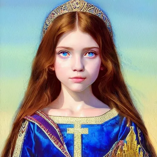 Prompt: a little girl with short wavy curly light brown hair and blue eyes, a space empress in byzantine style. beautiful highly detailed face, painting by ilya kuvshinov