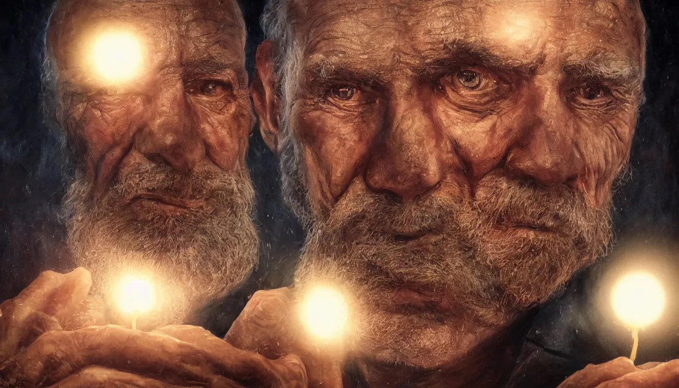 Prompt: an epic fantastic realism comic book style painting of an extreme closeup of the oldest man in the world, candlelight, 8 k, ultra realistic, lens flare, atmosphere, glow, detailed, intricate, full of colour, cinematic lighting, trending on artstation, 4 k, hyperrealistic, focused, extreme details, unreal engine 5, cinematic, masterpiece