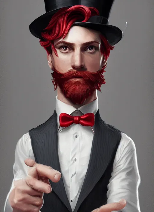 Image similar to a highly detailed illustration of stylish top hat wearing red haired attractive man, wearing suit vest, flashy card trick pose, intricate, elegant, highly detailed, centered, digital painting, artstation, concept art, smooth, sharp focus, league of legends concept art, WLOP