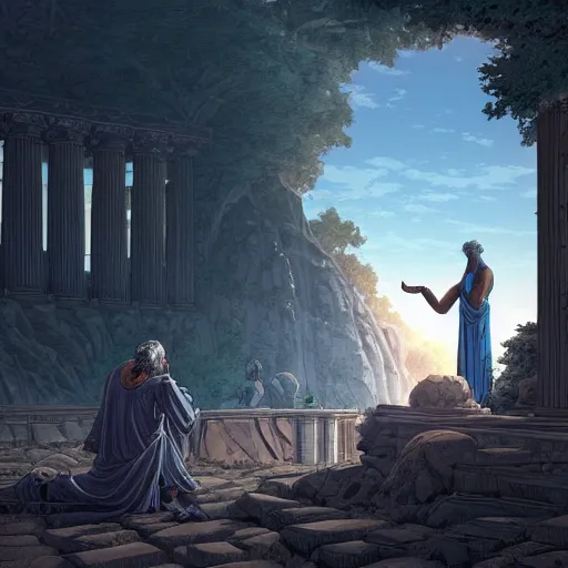 Prompt: plato arguing with diogenes on the necropolis, by dan mumford, yusuke murata, makoto shinkai, ross tran, cosmic, heavenly, god rays, intricate detail, cinematic, 8 k, cel shaded, unreal engine, featured on artstation, pixiv