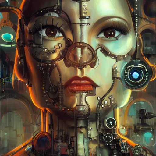 Image similar to detailed face of a clockwork biomechanical woman, moment, cyberpunk cloisters, electronic billboards, tech noir, wet reflections, prism, atmospheric, ambient, pj crook, syd mead, livia prima, greg rutkowski, edward hopper