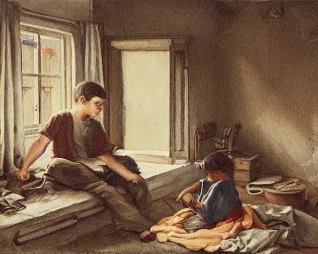 Prompt: shabby! room, isometric view, with window on the right wall, with bed at the left wall, with cute boy with long dark - brown! hair and dark - brown eyes, the boy is sitting on the bed, the boy is holding kumys, highly detailed painting