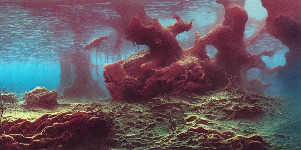 Prompt: underwater landscape, fluid, smooth, bright colours, high contrast, sharpness, beautiful, peaceful, very detailed, intricate, volumetric lighting, by giger and corben and moebius and beksinski and bosch and bacon