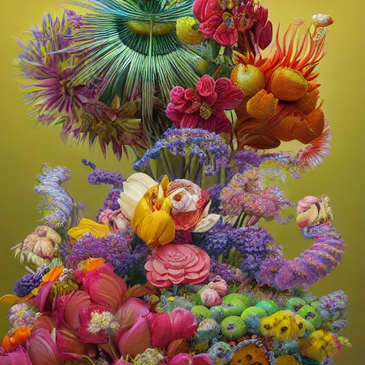 Prompt: hyper detailed illustration like a Oil painting - a vivid exotic flower bouquet, long petals, huge blossoms, by Jacek Yerka, Mariusz Lewandowski, Masterpiece, Edward Hopper and James Gilleard, Zdzislaw Beksinski, Mark Ryden, Wolfgang Lettl, hints of Yayoi Kasuma, octane render, 8k