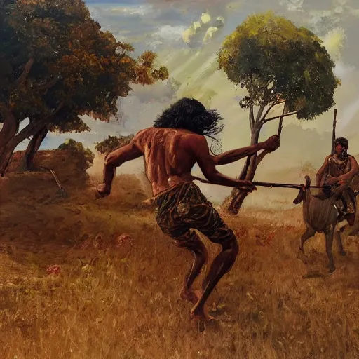 Prompt: portrait of head and body, single bangla farmer fighting, hand to hand combat with machete, full body view, long flowing hair, fighting for his life, nebula aura surrounding subject, horseback combat attacker foreground, islamic revolution, mongolian invasion of iraq, background of invading army, classicism artstyle, sharp brushstrokes