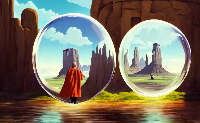 Prompt: a scary hyperrealist painting of a monk in a giant transparent bubble from howl's moving castle ( 2 0 0 4 ) in a flooded monument valley stonehenge jungle. depth perception, 4 k, artstation, in the style of studio ghibli