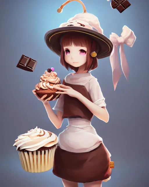 Image similar to personification of chocolate cupcake, cute hats, unreal engine, highly detailed, digital illustration by artgerm, tooth wu, studio ghibli, deviantart, sharp focus, artstation, bakery by greg rutkowsky, sweets, dog