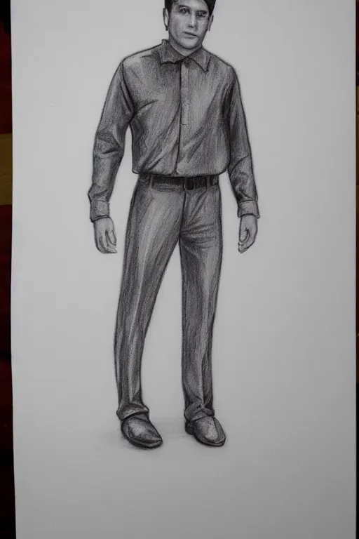 Prompt: notebook full body pencil drawing of a clothed man, full body