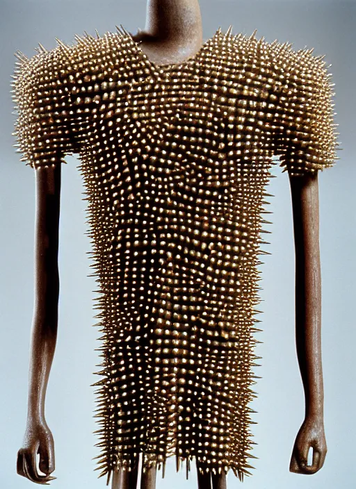 Prompt: realistic photograph of a a wooden sculpture object shirt made of oak wood, covered with tiny brass spikes on a grey background, centered composition, archival photography, metropolitan museum archival photo documentation, archaeology, 1 9 9 0, life magazine photo