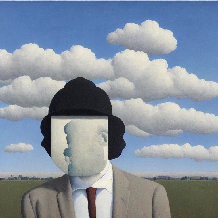 Image similar to portrait of a faceless shadow - head man in a suit, clouds in the background, by rene magritte, detailed painting, distance, middle centered, hd, hq, high resolution, high detail, 4 k, 8 k