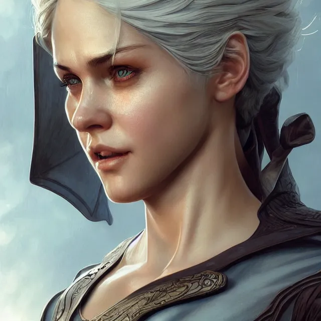 Image similar to cirilla wearing tight in chest shirt, ultra realistic, pretty face, extremely detailed face, anatomically correct, symmetrical, concept art, intricate details, highly detailed, photorealistic, octane render, 8 k, unreal engine. art by artgerm and greg rutkowski and alphonse mucha