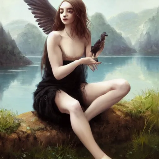 Image similar to Cute young Harpy with bird wings and legs, wearing medieval clothes, sad expression, sitting at a pond, mountainous area, trees in the background, oil painting, by Greg Rutkowski