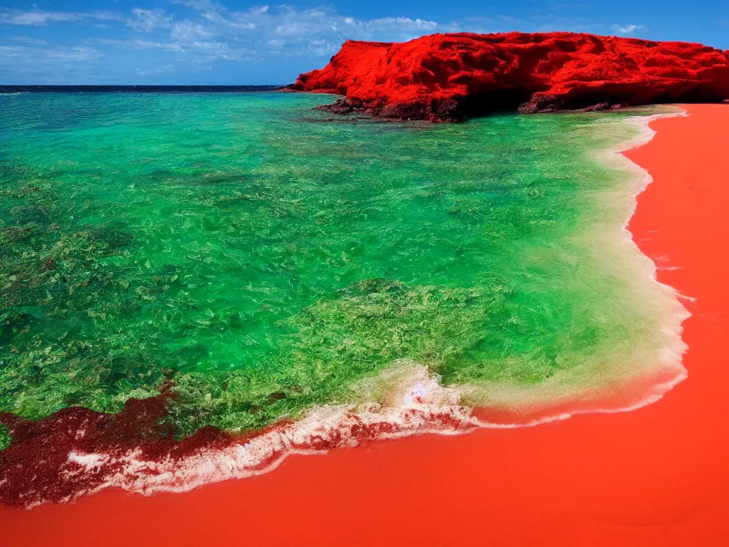 Image similar to mcdonalds, red sand beach, green ocean, nebula sunset