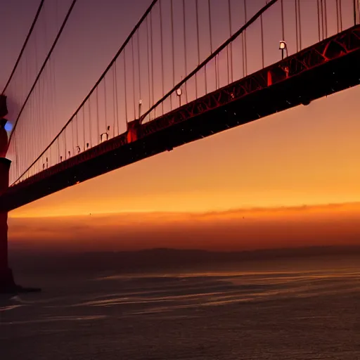 Prompt: a photo of a airplane flying under golden gate bridge at dusk