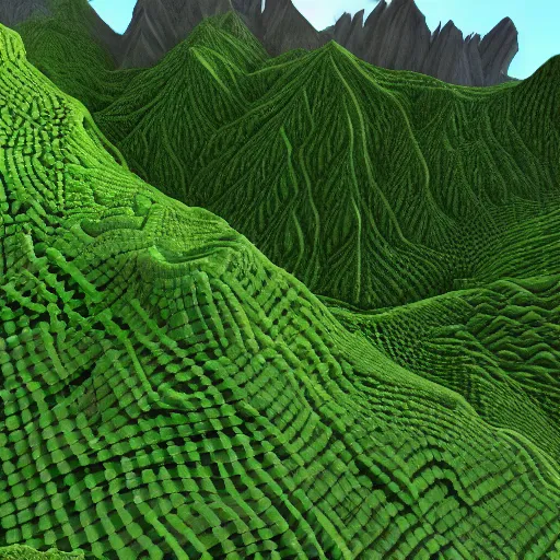 Prompt: a computer generated image of a mountain landscape, an ambient occlusion render by miyamoto, polycount, ecological art, prerendered graphics, made of vines, ambient occlusion