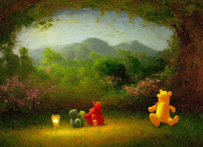 Prompt: romanticism impressionism landscape painting of winnie the pooh characters at night, night time, colorful paper lanterns, string lights, in the style of hudson river school and thomas cole and albert bierstadt and vincent van gogh