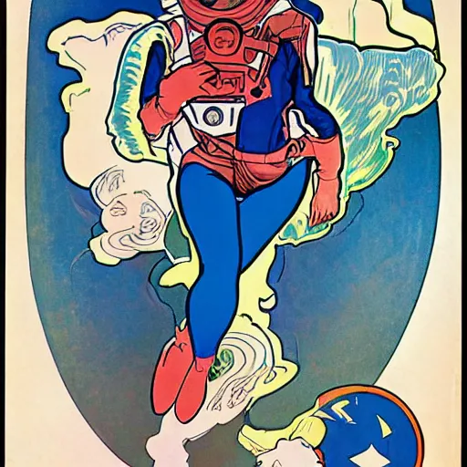 Image similar to a woman with red hair, floating in space. she is an astronaut, wearing a space suit. well composed, clean elegant painting, beautiful detailed face. comic book art by steve ditko and jack kirby and ( alphonse mucha )