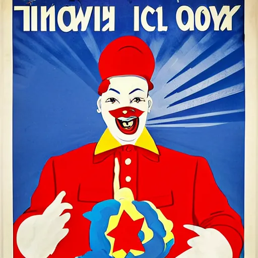 Image similar to young man as communist clown, soviet propaganda style poster