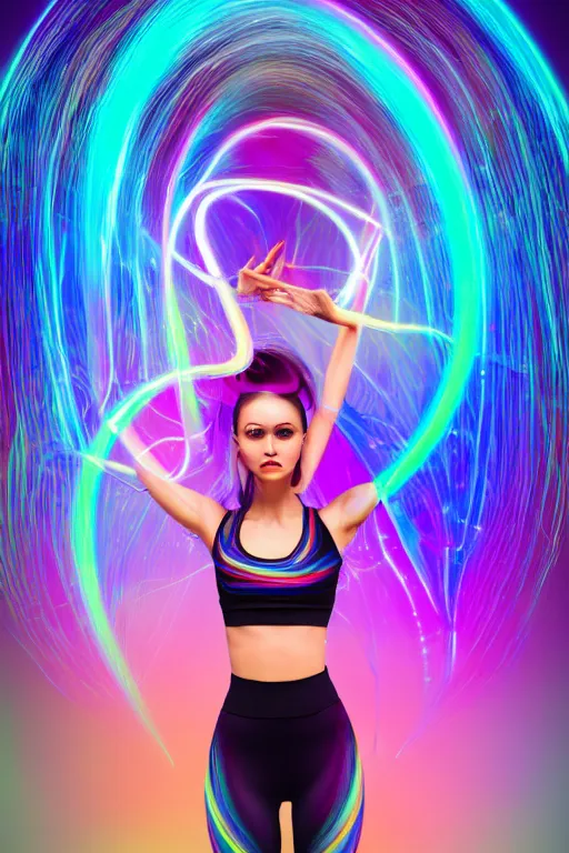 Image similar to a award winning half body portrait of a beautiful woman with stunning eyes in a croptop and leggings with reinbow colored ombre hairstyle head in motion and hair flying while dancing by thomas danthony, surrounded by whirling illuminated lines, outrun, vaporware, shaded flat illustration, digital art, trending on artstation, highly detailed, fine detail, intricate