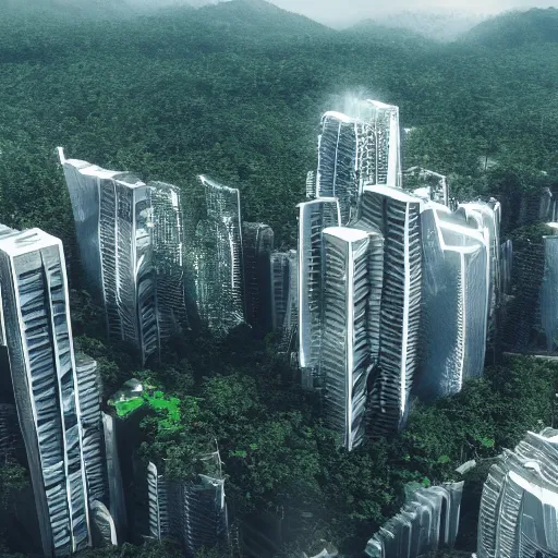 Prompt: extreme wide shot a flock of bird sitting on top of futuristic containment building in a rainforest valley with a city in the distance, national geographic, hyper realistic, 4 k, warm light, the will to endure, artstation