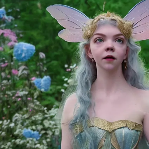 Image similar to older anya taylor - joy as a beautiful fairy, 8 k resolution hyperdetailed photo realistic, extremely high quality and life like