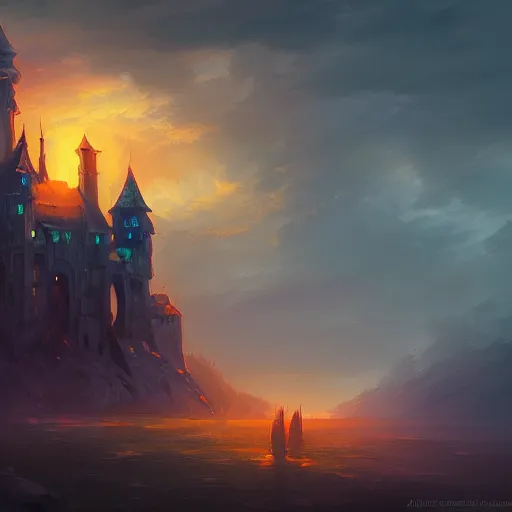 Image similar to a beautiful artwork painting of a dark castle at sunset, by andreas rocha, featured on artstation