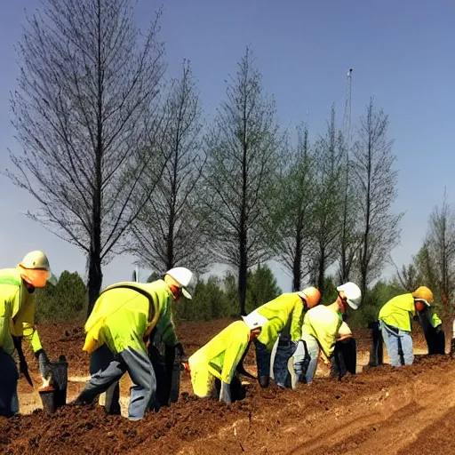 Image similar to a group of workers planting trees in a rural landscape with glowing clean white sci fi containment building in the distance