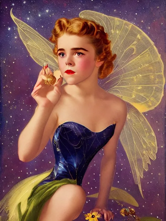 Prompt: kiernan shipka as tinkerbell, a beautiful art nouveau portrait by Gil elvgren, moonlit starry sky environment, centered composition, defined features, golden ratio, gold jewlery