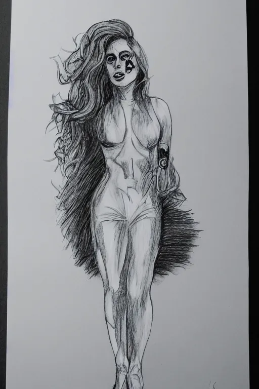 Prompt: lady gaga standing on a street corner, black and white pencil and ink