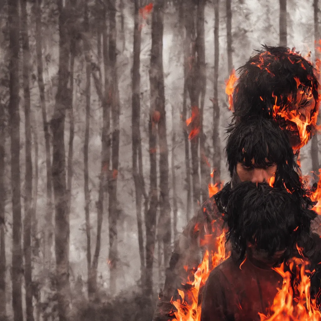 Prompt: portrait of a young man, black hair with white stripe in middle, angry, surrounded by fire in a forest, red cardinal on his shoulder, 4 k,