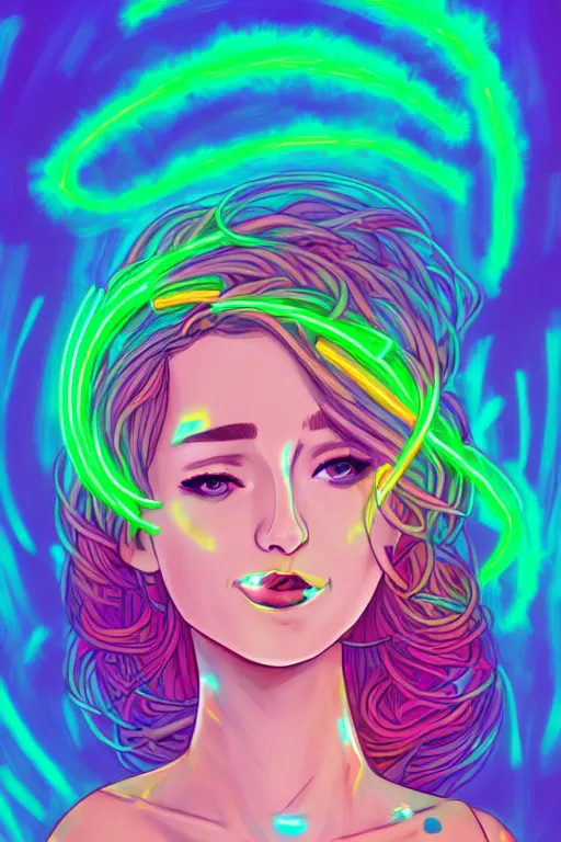 Image similar to a award winning portrait of a beautiful woman with stunning eyes in a one off shoulder croptop and cargo pants with rainbow colored hair, outlined by whirling illuminated neon lines and fine lines swirling in circles by lois van baarle, digital art, trending on artstation