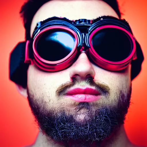 Image similar to kodak portra 4 0 0 photograph of a cybergoth guy wearing goggles and eclectic jewelry, moody lighting, telephoto, 9 0 s vibe, blurred background