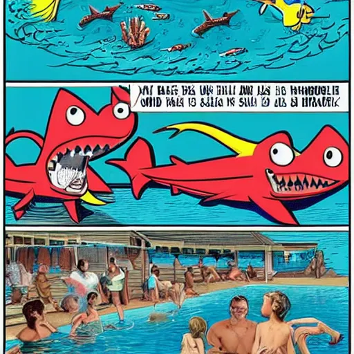 Image similar to sharks in a pool with a family outside during a cook out, in the style of ron english, in the secondary style of matt bors, by david wojnarowicz, shock art, poster art, 8 k concept art, trending on behance