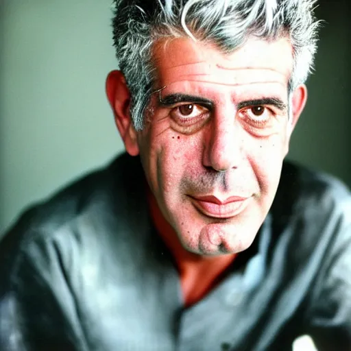 Prompt: promotional vogue studio portrait photo of Anthony Bourdain by Annie Leibovitz, 50mm, pentax, film