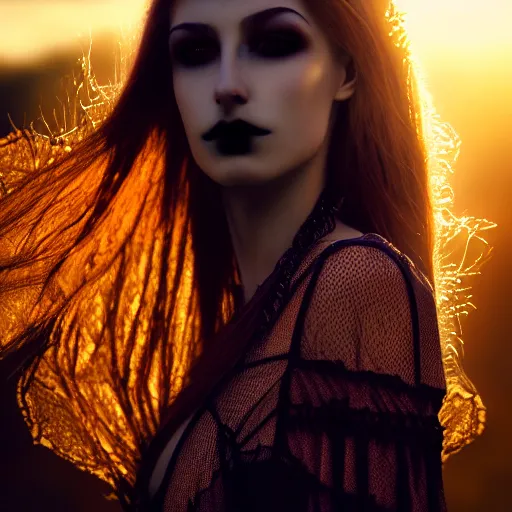 Image similar to photographic portrait of a stunningly beautiful gothic female in soft dreamy light at sunset, god rays, contemporary fashion shoot, by edward robert hughes, gustav klimt, annie leibovitz and steve mccurry, david lazar, jimmy nelsson, breathtaking, 8 k resolution, extremely detailed, beautiful, establishing shot, artistic, hyperrealistic, beautiful face, octane render