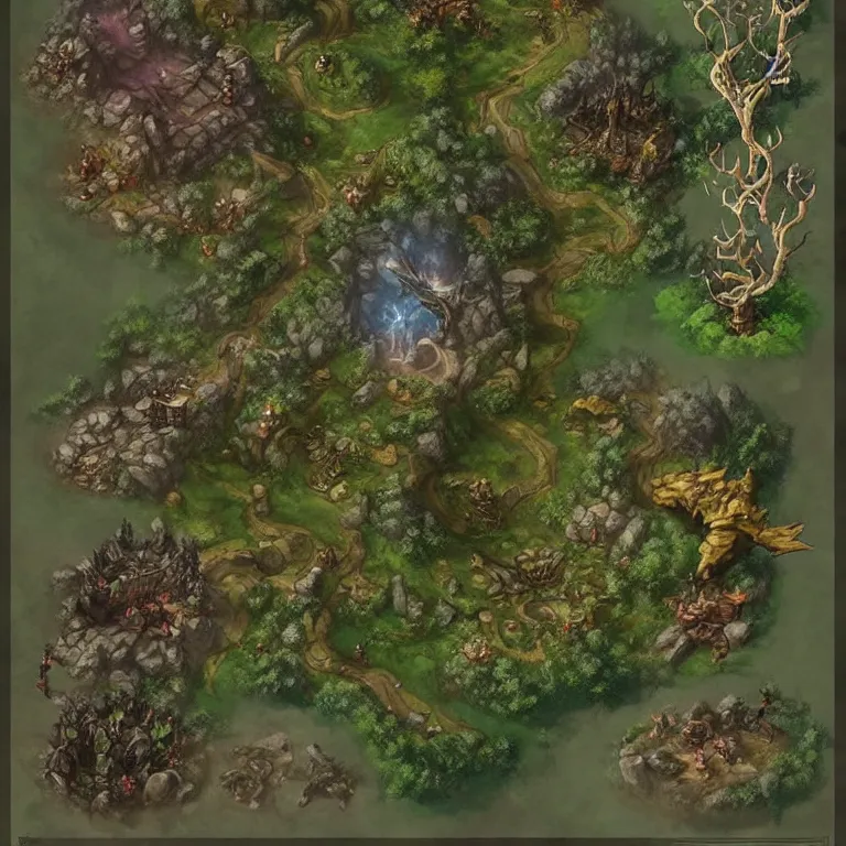 Prompt: full - color fantasy battle map of a woodland clearing, d & d, pathfinder, by jeff todd and greg rutkowski, trending on artstation, pinterest