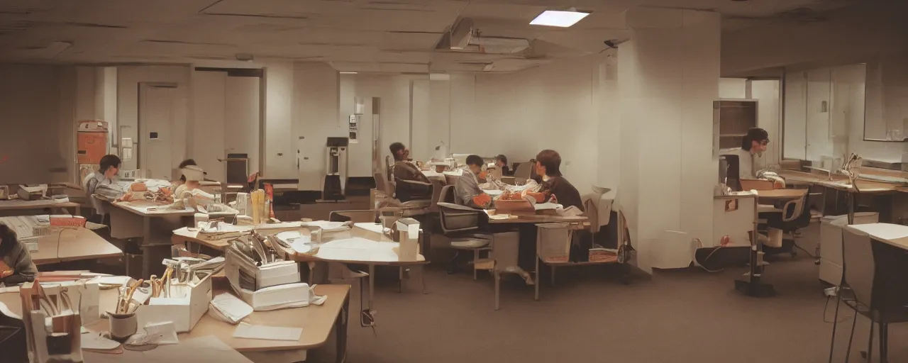 Image similar to security cam photo of a worker eating spaghetti!! alone at their cubicle, evening, kodachrome, in the style of wes anderson, retro