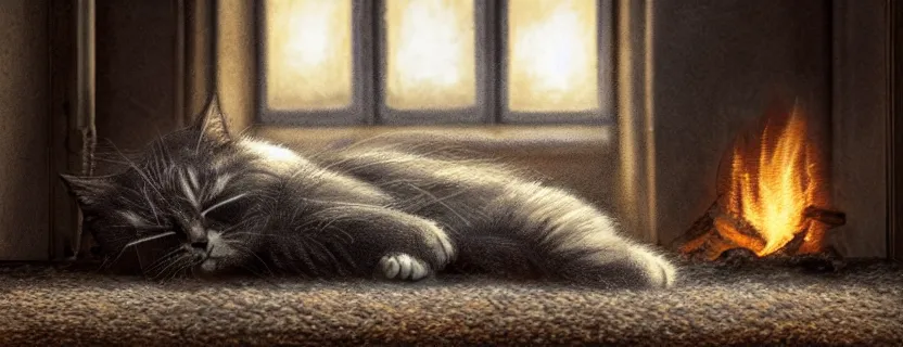 Image similar to a beautiful hairy cat sleeping next to a skull on an old carpet next to a burning fireplace, livingroom with windows and door, night time, 4K, photorealistic, cinematic, moody fireplace lighting, UHD, HDR