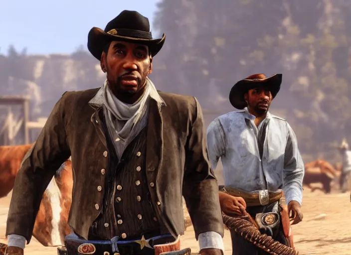 Prompt: still of stephen a. smith from espn's first take as a cowboy in red dead redemption, playstation 3, ps 3