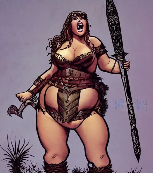 Image similar to 1 9 8 0 s fantasy novel book cover, bbw plus size amazonian emma stone in extremely tight bikini armor wielding a cartoonishly large sword, exaggerated body features, dark and smoky background, low quality print