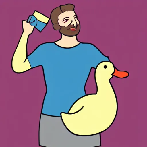 Image similar to a man holding a duck under his armpit, digital art