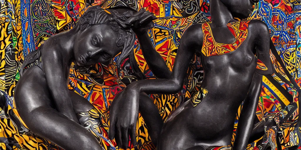 Image similar to masterpiece of a glossy black marble statue of an african girl with colorful african pattern logos in the background in the style of virgil abloh, very very beautiful, detailed, realistic carved marble statue, fine art, off white, heron preston, techno, rave, 8 k, 4 k, detailed, realistic, beautiful, symmetrical, vogue, paris, fashion