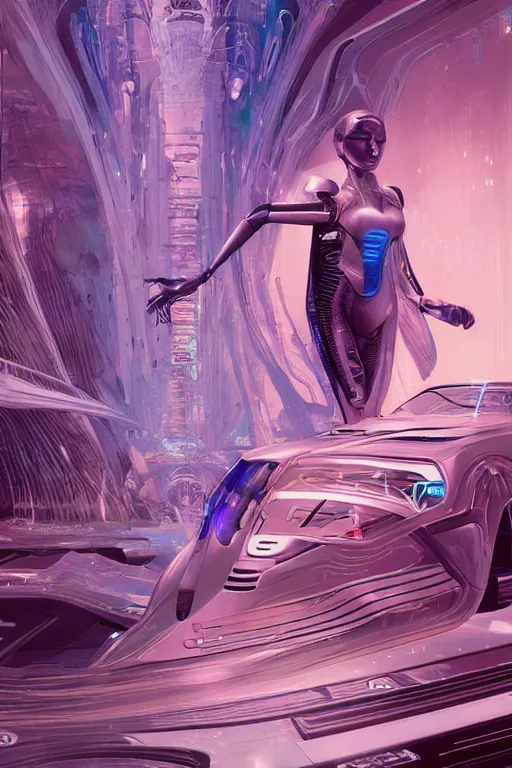 Image similar to the most amazing dream you ever had about beautiful woman transhumanism artificial intelligence singularity, hyper realistic, concept art, intricate, hyper detailed, smooth, syd mead, high contrast, neon, volumetric lighting, octane, raytrace, moebius