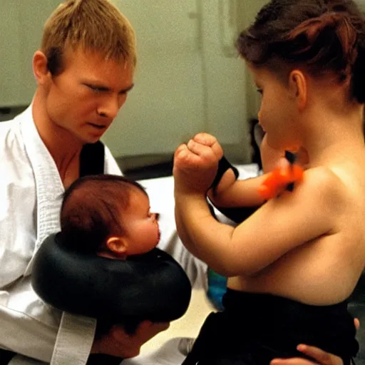 Image similar to feeding a baby as a training montage from martial arts movie