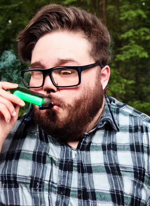 Prompt: a fat hipster in a flannel shirt is blowing out glowing green vape smoke out of his nose, photo