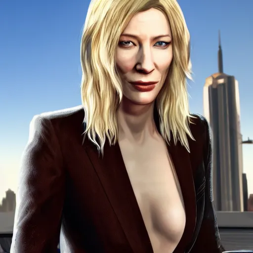 Image similar to cate blanchett in grand theft auto V, gaming, detailed, 4k