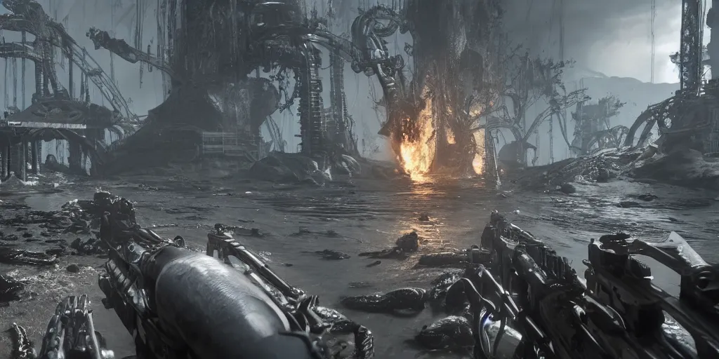 Image similar to an hr giger fps game scene of shooting at a sea monster realistic graphic firstperson shooter game, realistic, ultra setting, highly detailed, fps game, game of the year, raytracing on, rtx 3 0 9 0 ti, gta v, death stranding game