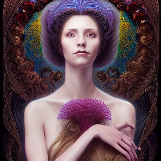 Prompt: portrait of a young female wizard in flowing sensual dress, arrogant, long fine flowing hair, delicate, looking at camera, slight nerdy awkward smile, realistic face, realistic hands, stylish, elegant, grimdark fantasy, flowers, mysterious, extremely detailed painting inspired by Gerald Brom and Ernst Haeckel and Victor Nizovtsev, studio lighting