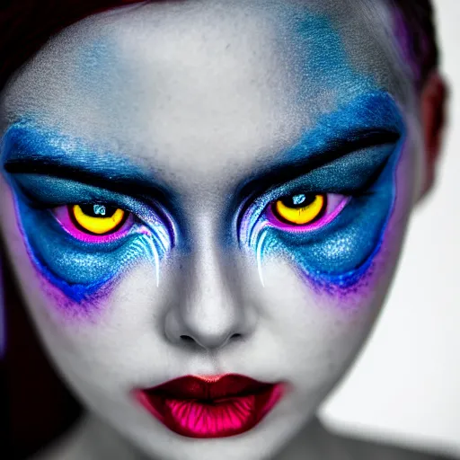 Image similar to prompt, gorgeous deamon, modelsociety, radiant skin, huge anime eyes, rtx on, perfect face, intricate, sony a 7 r iv, symmetric balance, polarizing filter, photolab, lightroom, 4 k, dolby vision, photography award