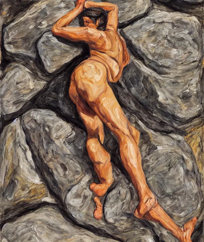 Image similar to indigenous woman climbing rocks, painted by lucian freud, hd, super detailed, realistic, muted colors